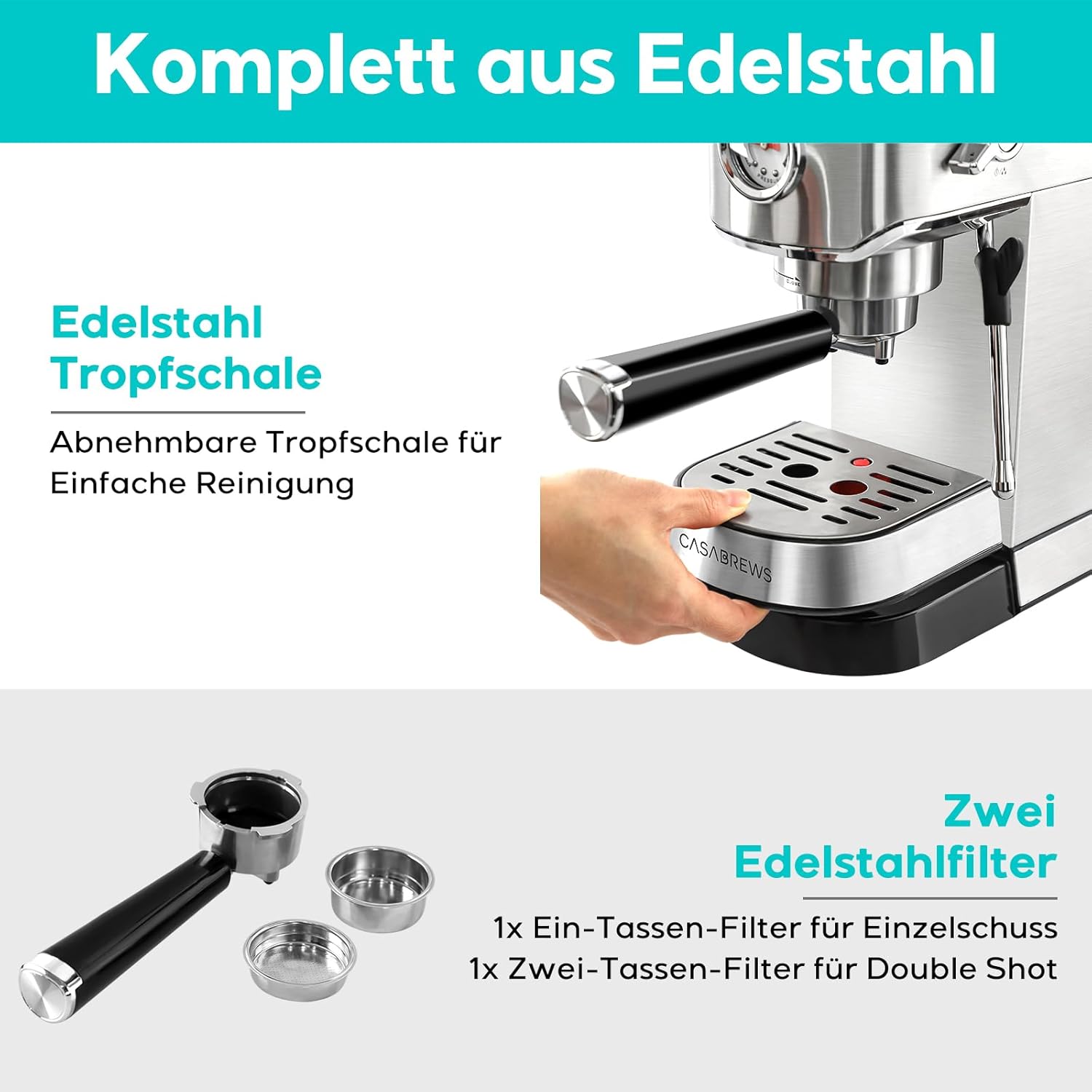 CASABREWS Espresso Siebträgermaschine 20 Bar, Edelstahl-Espressomaschine mit professionellem Milchaufschäumer, Klein Kaffeemaschine Espresso für Cappuccino, Latte & Macchiato, 1L Wassertank, Schwarz