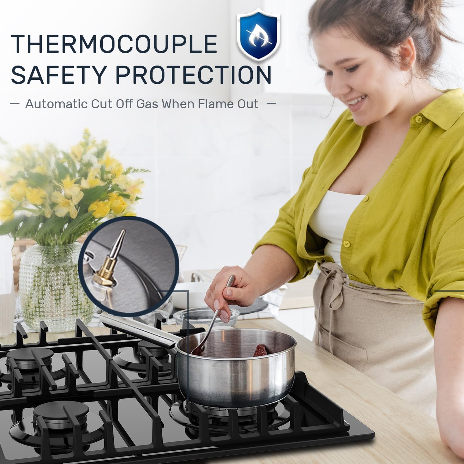 TOPWISH Gaskochfeld 4 flammig,Einbau Gaskochfeld,Gaskochfelder mit rote beleuchteter Drehknopf,ghärtetes Glas-Gaskochfeld,Glasherd,NG/LPG Konvertierbar,Automatischer Thermoelementschutz,60cm,8000 Watt