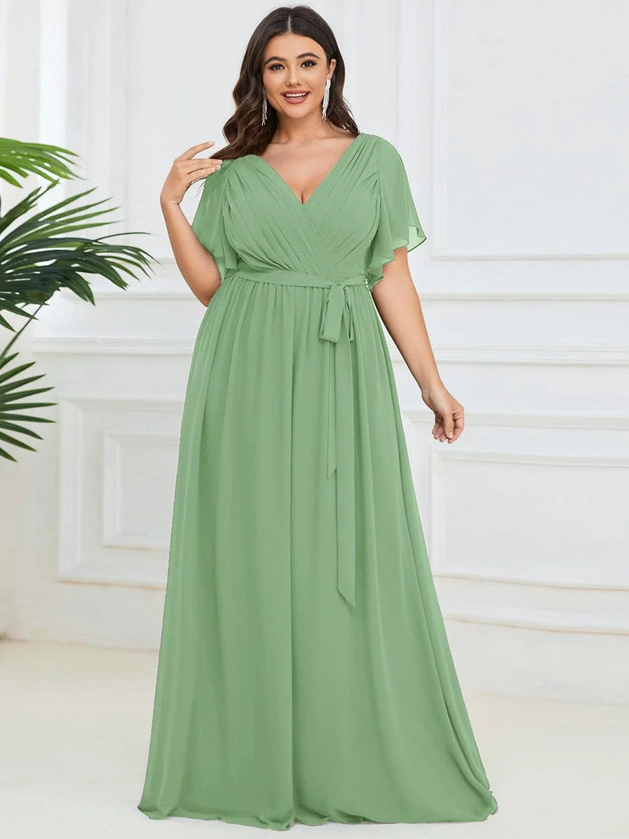 Abendkleid Damen Maxi A-Linie aus Chiffon | Festliches Kleid f��r Hochzeitsg?ste mit V-Ausschnitt und Fl��gel?rmeln
