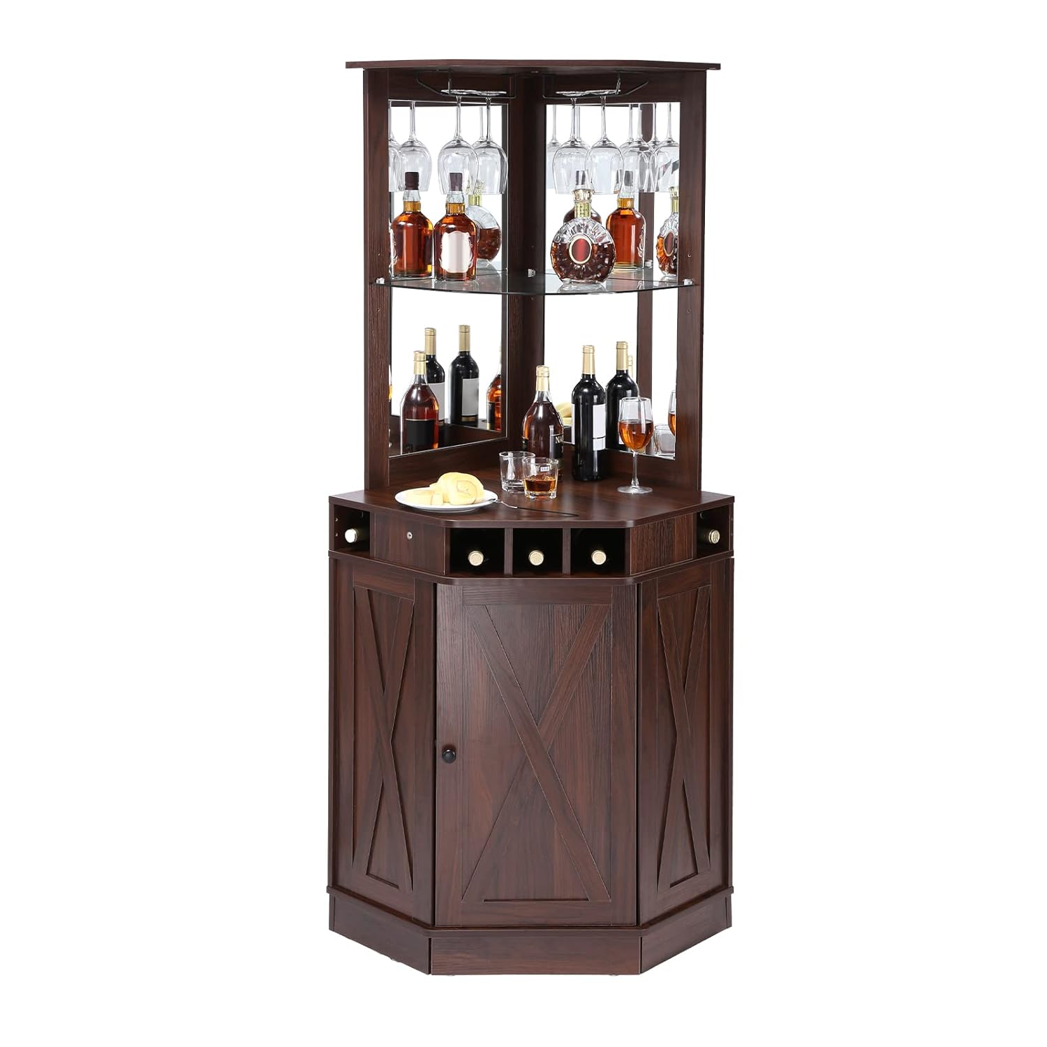 VEVOR Industrieller Eck-Barschrank, Weintisch für Spirituosen und Gläser, Sideboard-Buffetschrank mit Glashalter, Freistehender Kaffee-Barschrank aus Bauernholz für Wohnzimmer, Hausbar, Walnussholz