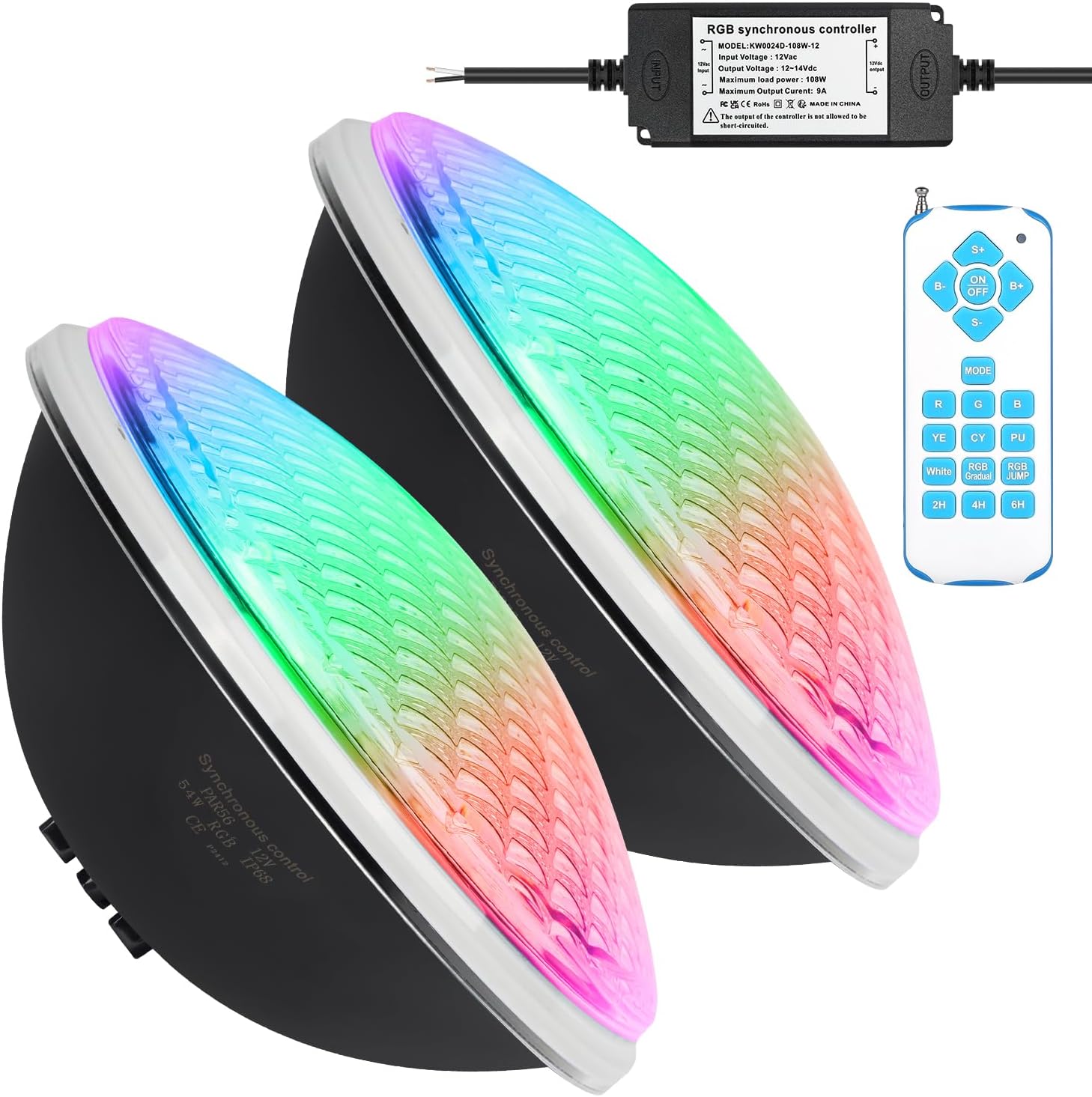 KWODE 54W LED Poolbeleuchtung PAR56，Timing 2/4/6H IP68 Wasserdichter Pool Lamp, 12V RGB Poolscheinwerfer Externe Synchronisation mit Fernbedienung（2-teilig）