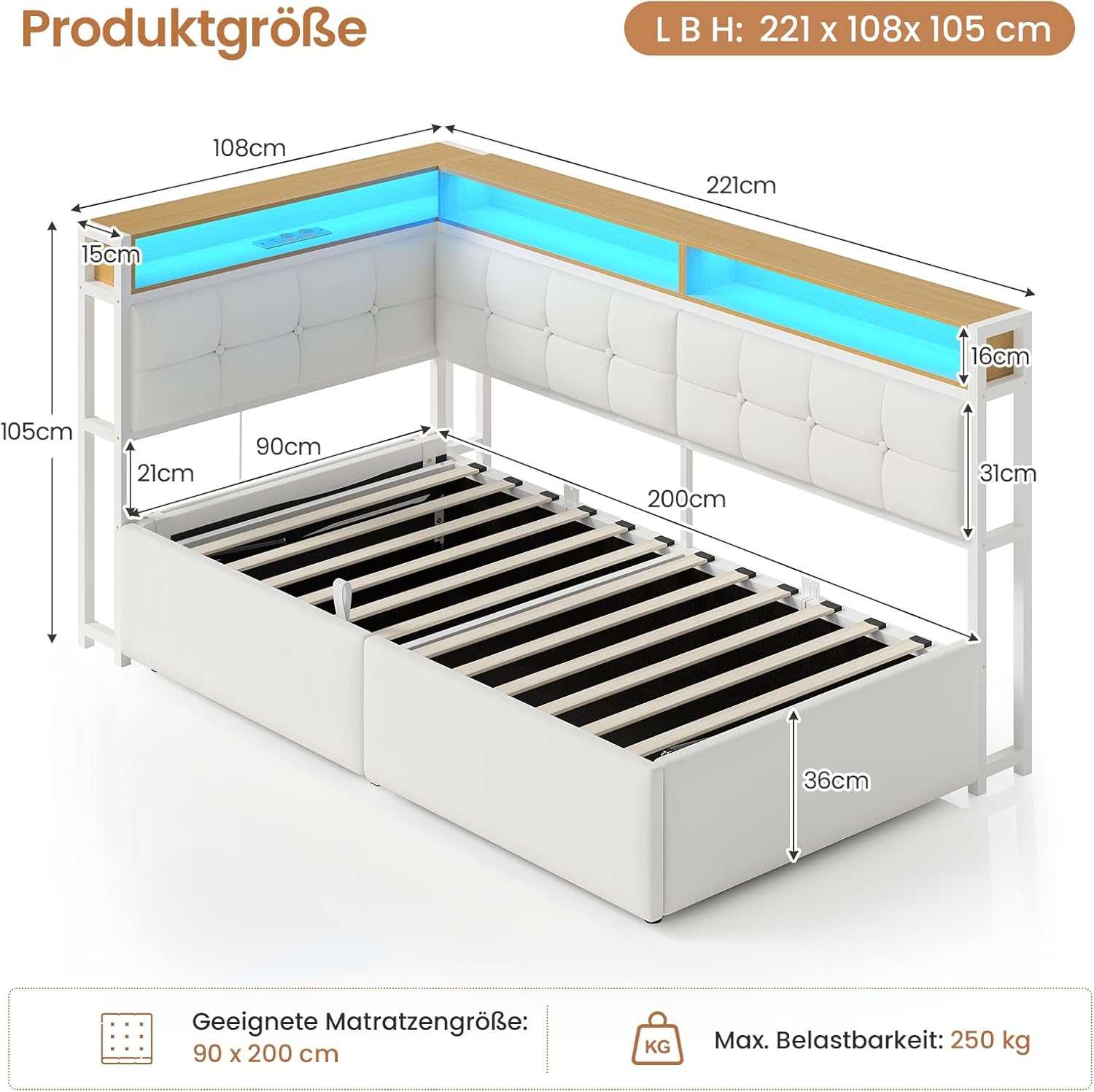 DICTAC Jugendbett 90x200 mit Stauraum, LED & Ladestation | Polsterbett mit hydraulischem Stauraum, zweistöckiges Ablagefach | Tagesbett Einzelbett in weiß– für Kinder, Jugendliche & Erwachsene