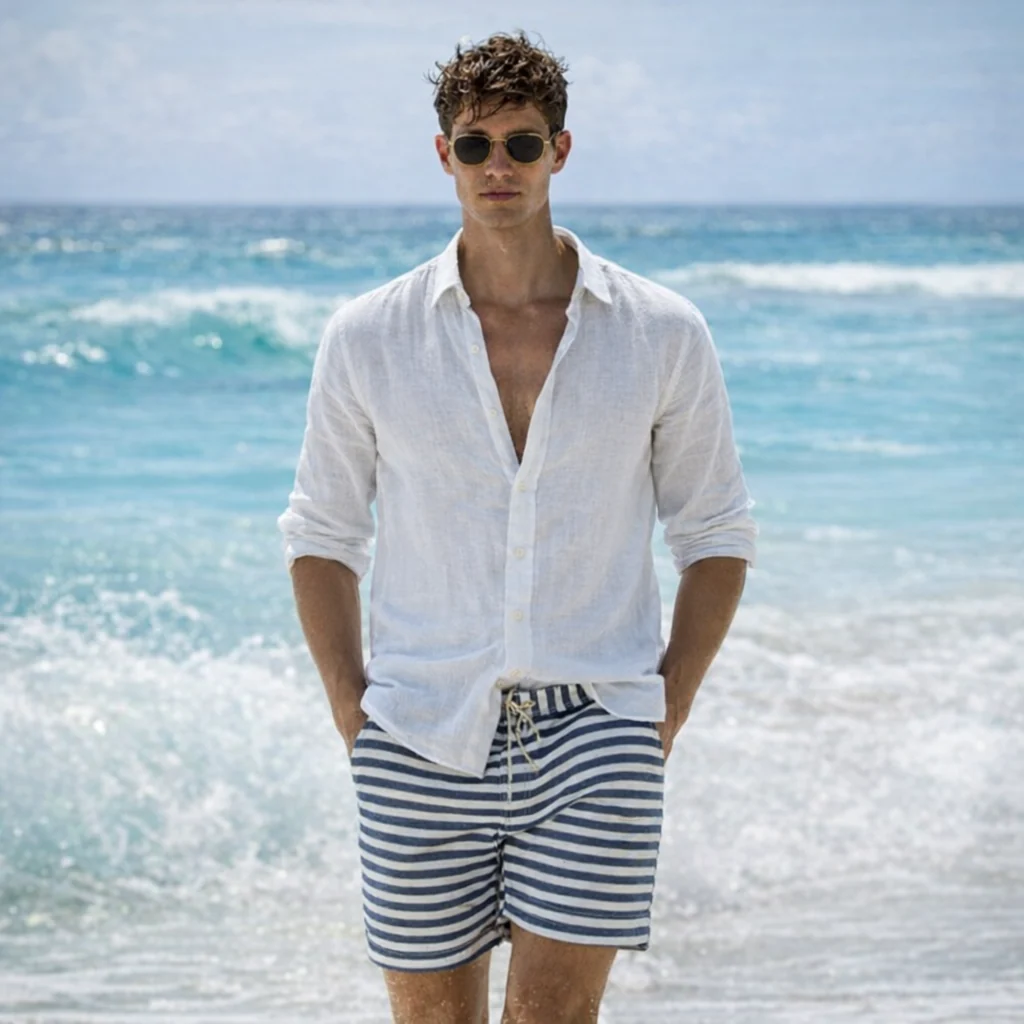 Leinen-Sommerhemd �C Button-Down mit Krempel?rmeln f��r Herren