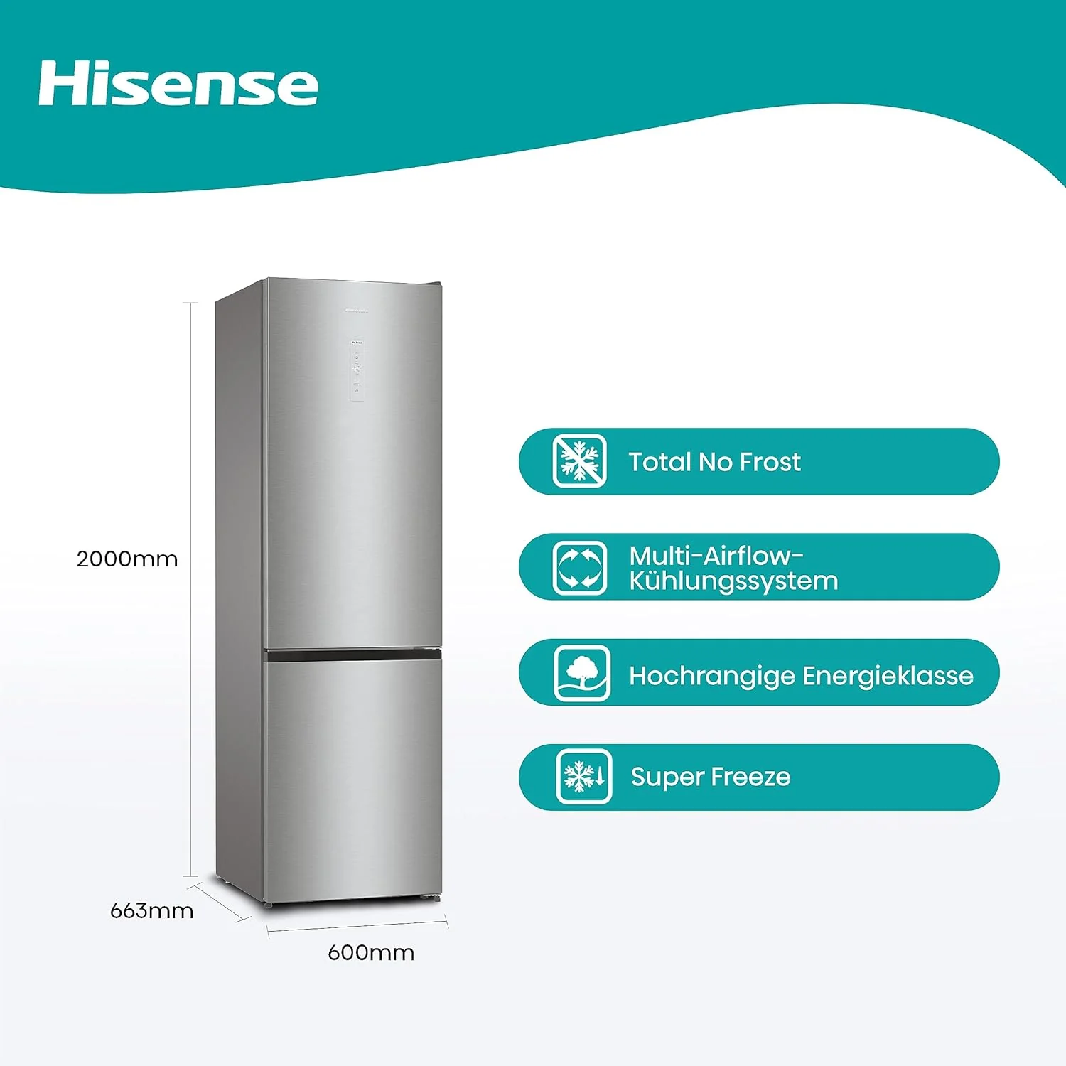 Hisense RB327N4ADD Koelvriescombinatie, EEK D, Total NoFrost, Verwisselbare Deurscharnieren, Flessenrek, 171 Liter Koelgedeelte, 85 Liter Vriesgedeelte, Roestvrijstalen look