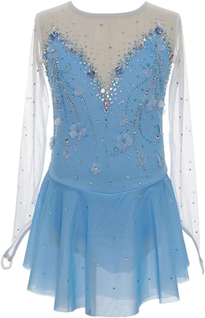 purpleq Damen Langarm Eiskunstlauf Kleid Blau Lange Ärmel Handgefertigter Eislauf Performance Rock Strass Ballerina Kleid Latein Tanzkleid Wettbewerb Tanzkostüm