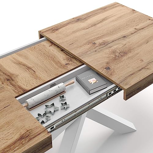 Mobili Fiver Emma 140 Tavolo da Pranzo Allungabile – Piano in Rovere Rustico con Gambe Bianche Incrociate, Laminato/Ferro, Made in Italy