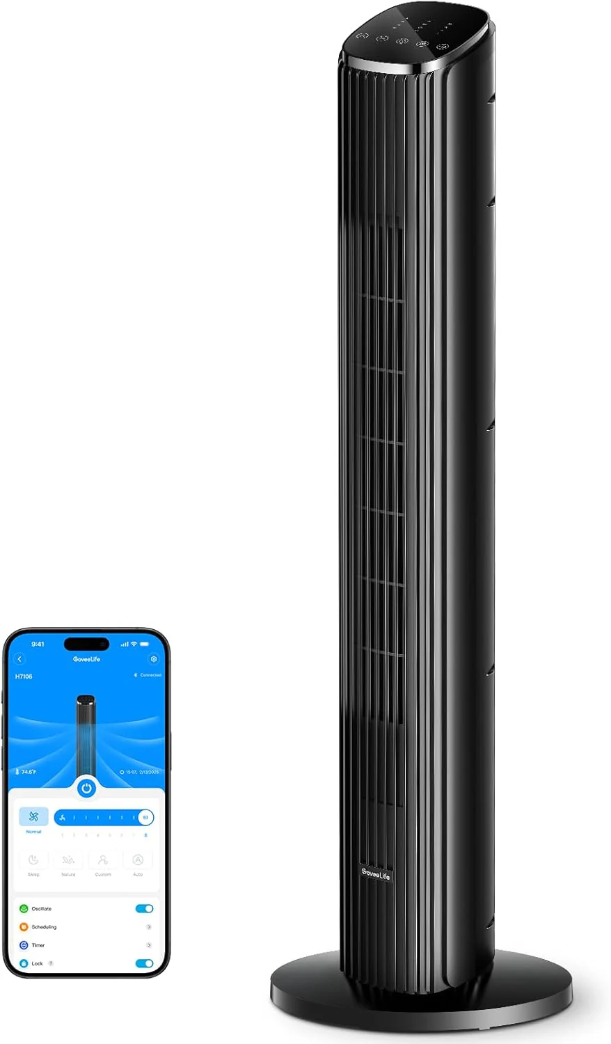 GoveeLife Black Tower Fan for Bedroom. 36 Smart Floor Fan with App/Voice Control. Temperature Sensor. 5 Modes 8 Speeds(25ft/s). 29dB Quiet Oscillating Fan for Office. 24H Timer. Auto Cooling