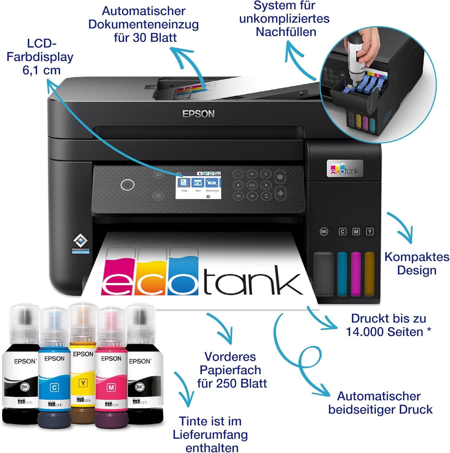 Epson EcoTank ET-4800 A4-Multifunktions-Wi-Fi-Tintentankdrucker, mit einem im Lieferumfang enthaltenen Vorrat an Tinten bis zu 3 Jahren