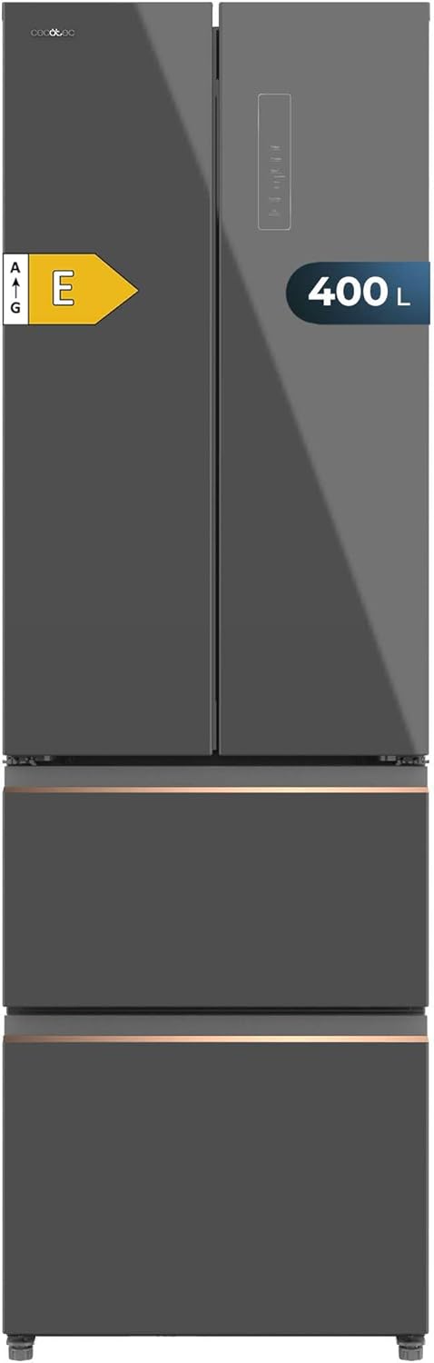 Cecotec Refrigerateur Congelateur 4 Portes Française Bolero CoolMarket Combi F2D 400 Grey Glass E. Réfrigérateur 400L, verre gris, NoFrost, MultiAirFlow, Inverter, mode ECO, bacs fruits et alarmes