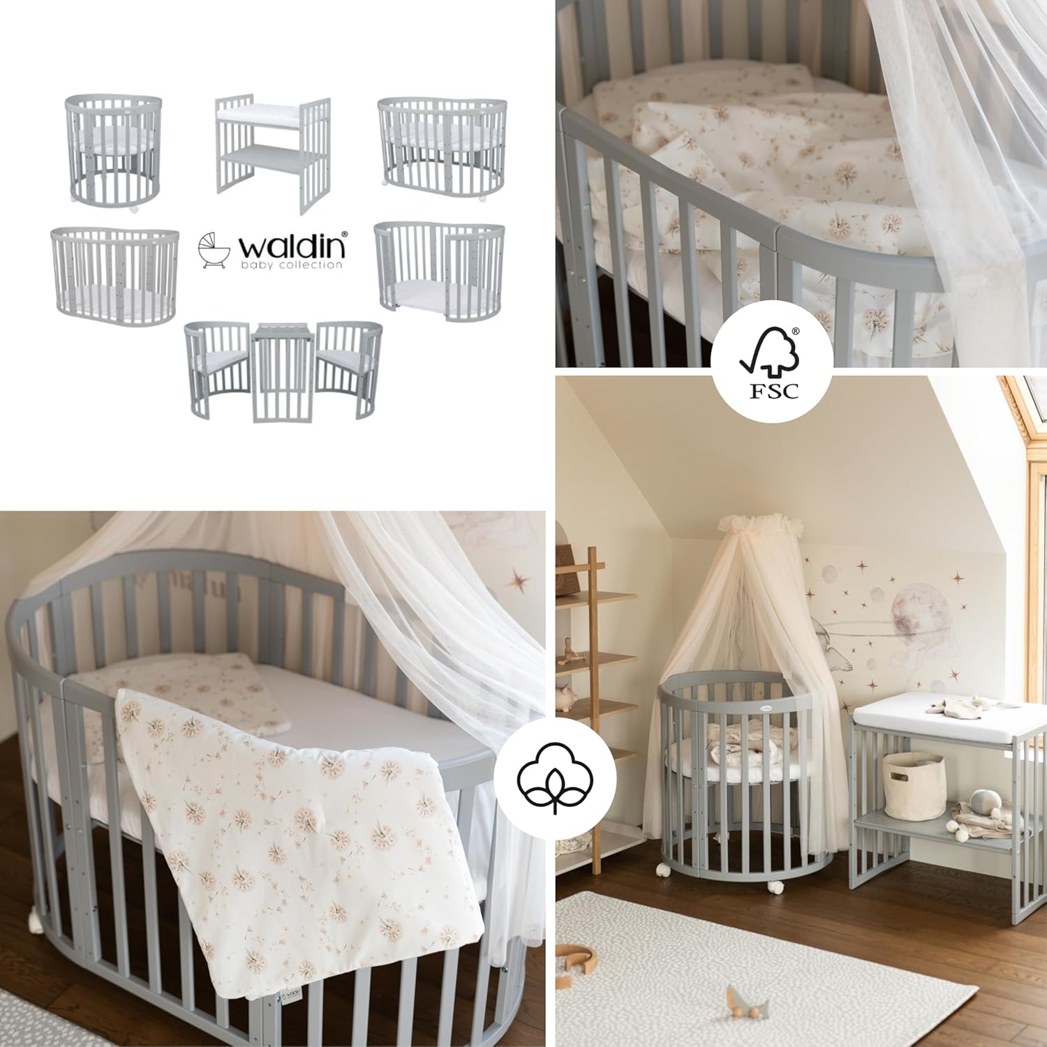 Waldin Oval Baby-Bett Mitwachsend Komplett Set 7in1, Gitterbett, Kinderbett mit Matratze, Wickelkommode, Beistellbett, Holz Weiß