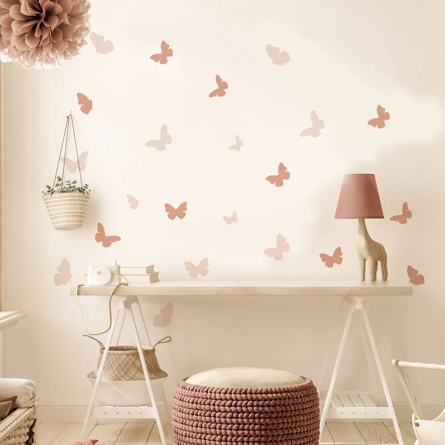 Boho Pink Butterfly Wall Stickers for Baby Room, Butterfly Nursery Wall Decals