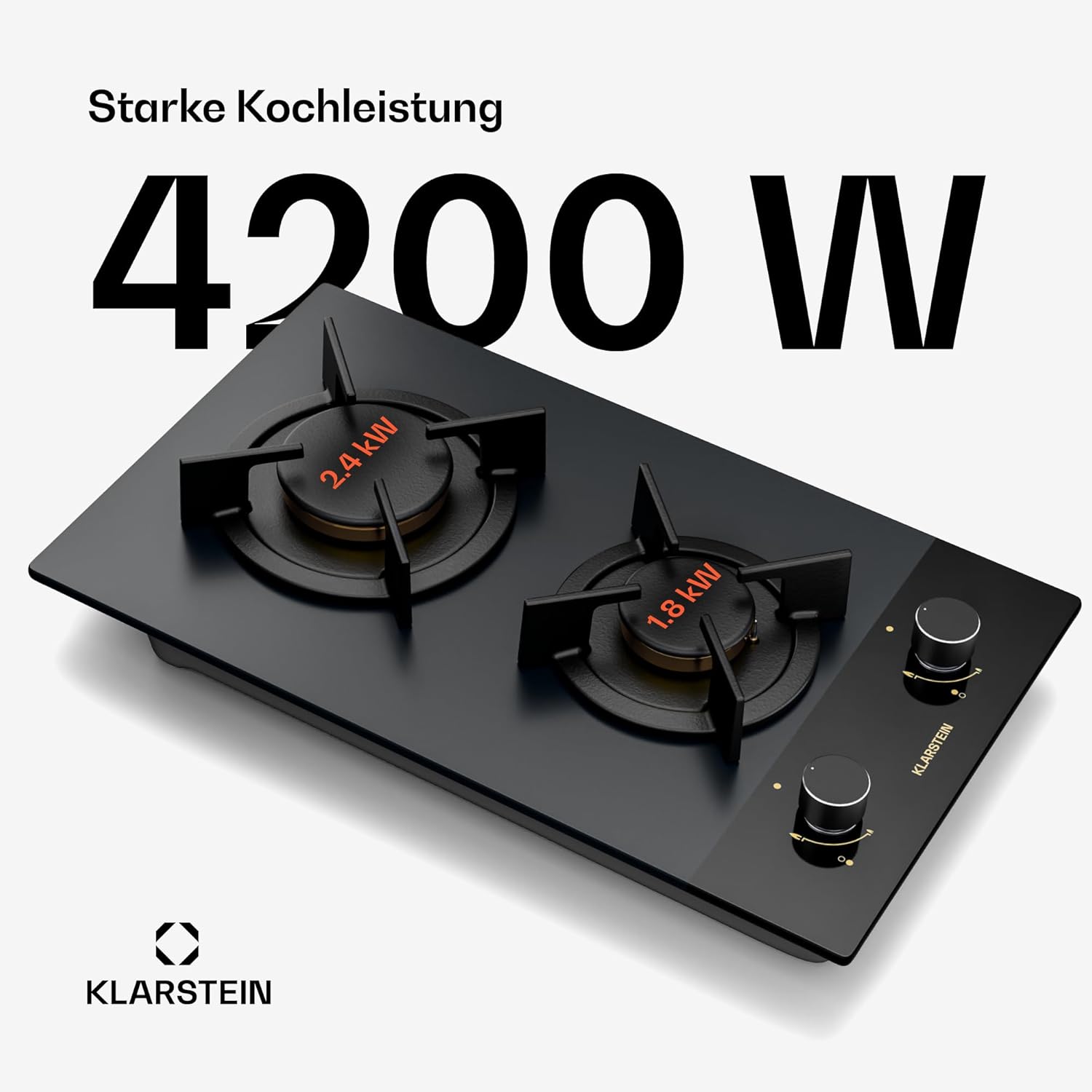 Klarstein Gasherd, Gaskochfeld 4 Flammig, Einbau-Gaskocher für Zuhause & Wohnmobil, Campingkocher mit Glasplatte, Gasherd für Propan- und Erdgas, Edelstahl Gas-Herdplatte Wok Brenner 8000 Watt