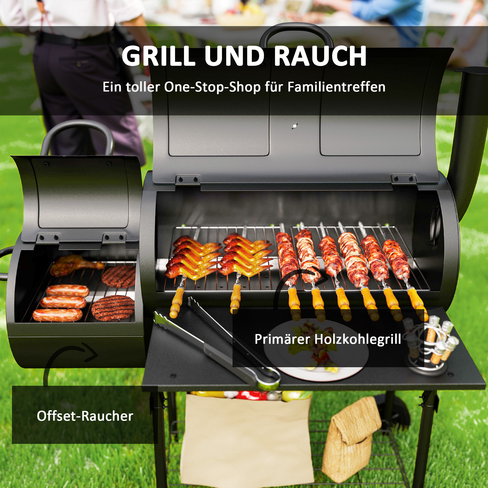 Stalen Houtskoolgrill BBQ Smoker met Deksel, Thermometer, Wielen, Luchttoevoer, Kolenbak