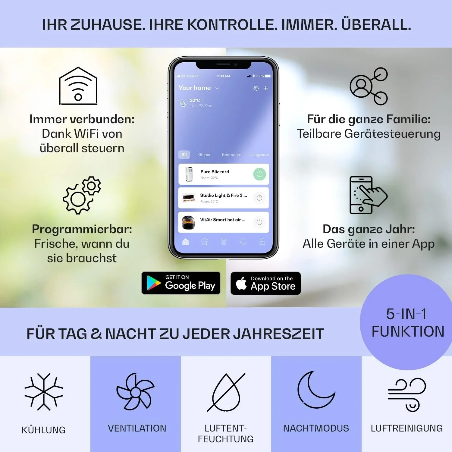 Klarstein Mobile Klimaanlage mit Abluftschlauch, 5-in-1 Klimager?t, Ventilator, Luftentfeuchter, Luftreiniger & Nachtmodus, App-Steuerung, Kleine & Portable, f��r Wohnung & B��ro, 12000 BTU