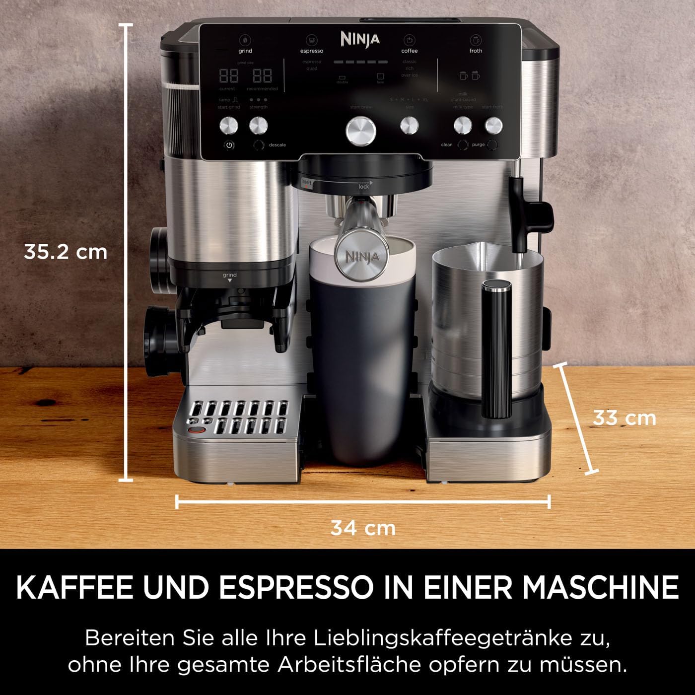 Ninja Luxe Essential 2-in-1-Kaffeemaschine mit Mahlwerk und Aufschäumer für Latte, Cappuccino & Espresso, einfache Handhabung, 2 Voreinstellungen zum Aufschäumen, Silber, ES501EU