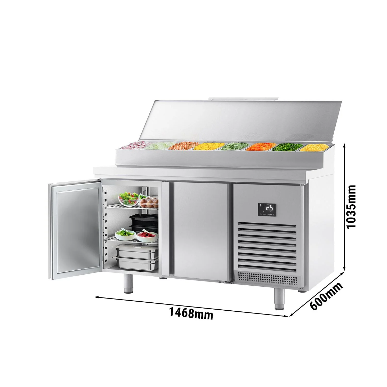 Saladette - 1468x600 mm - 2 dører - med lokk - for 8x GN 1/4 beholdere