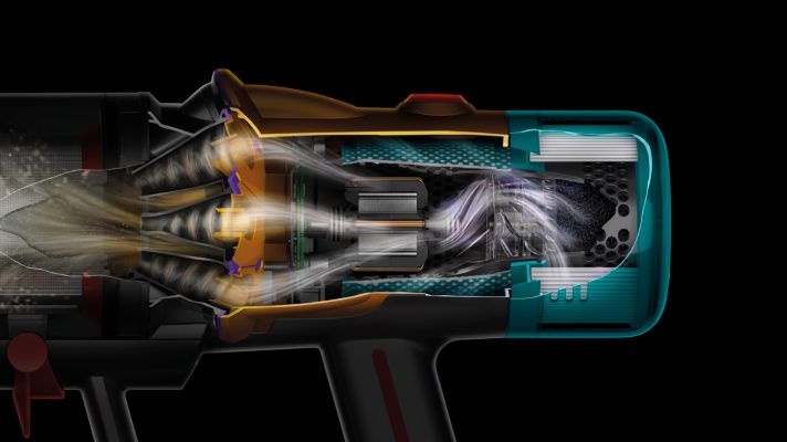 Un plan en coupe du syst&egrave;me de filtration de l&rsquo;aspirateur Dyson V12 Detect Slim.