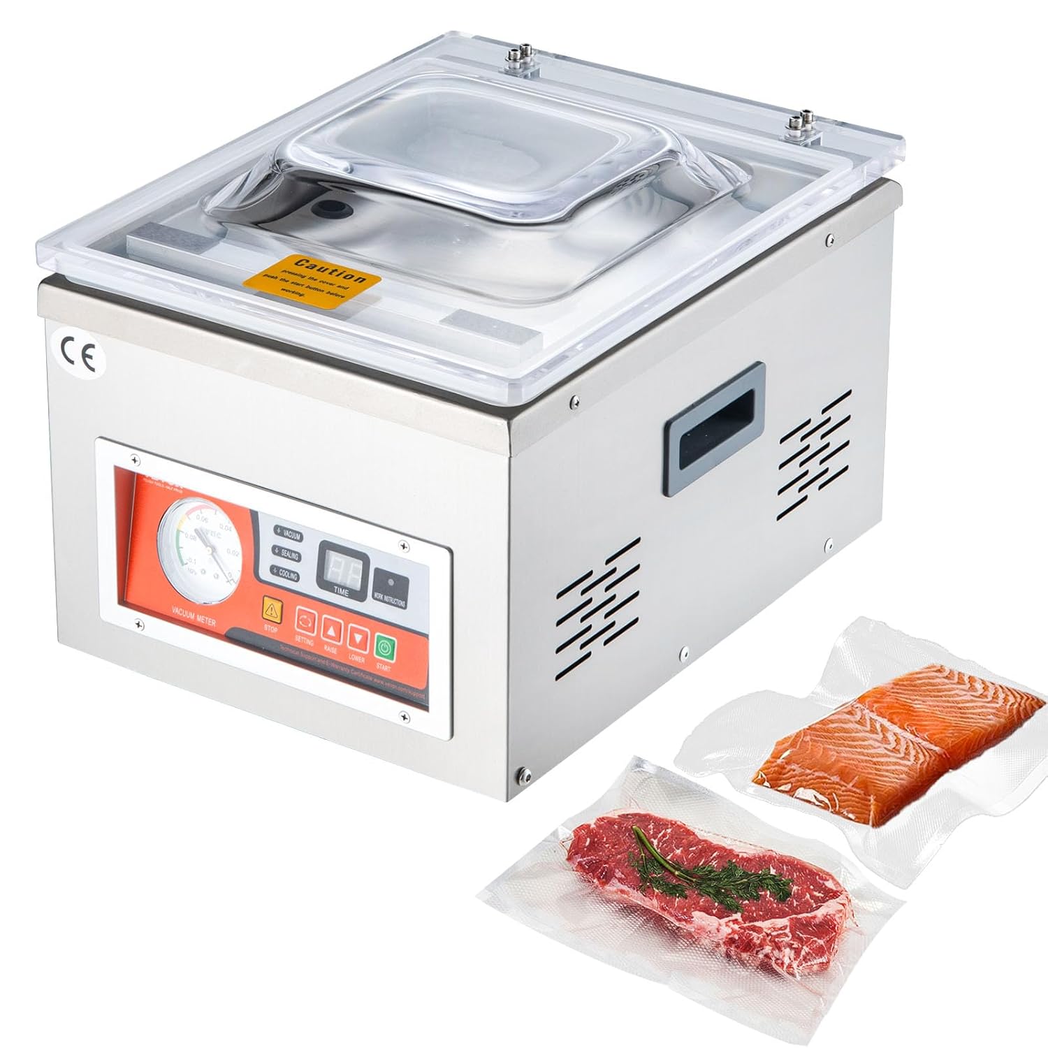 VEVOR Vakuumierer DZ-260A Kompakter Profi-Kammervakuumierer 180W Motor 6,5 cbm/h Vakuumiergerät 33x25cm Dichtungsgröße Geeignet für Haushalten Supermärkten Lebensmittelfabriken, Silber