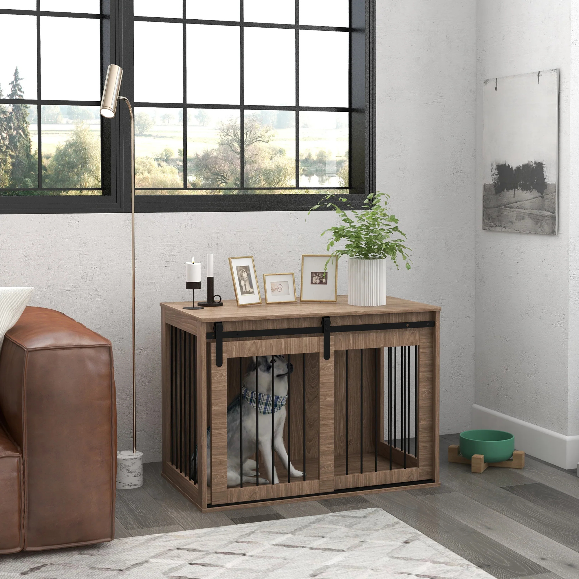 PawHut Hondenbench Hondenkooi, Afsluitbaar, Houtlook, Rustiek Ontwerp, 98 cm x 58 cm x 67 cm, Walnoot + Zwart