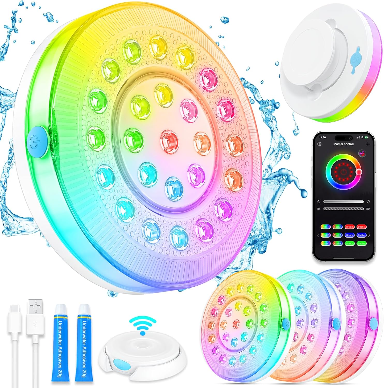 Pool-Lichter für oberirdische Pools, tragbar, intelligent, magnetisch, Unterwasser-LED-Licht, wiederaufladbar, mit BT-App-Steuerung, wasserdicht, IP68, Farbwechsel, Sound/Musik-Synchronisation,