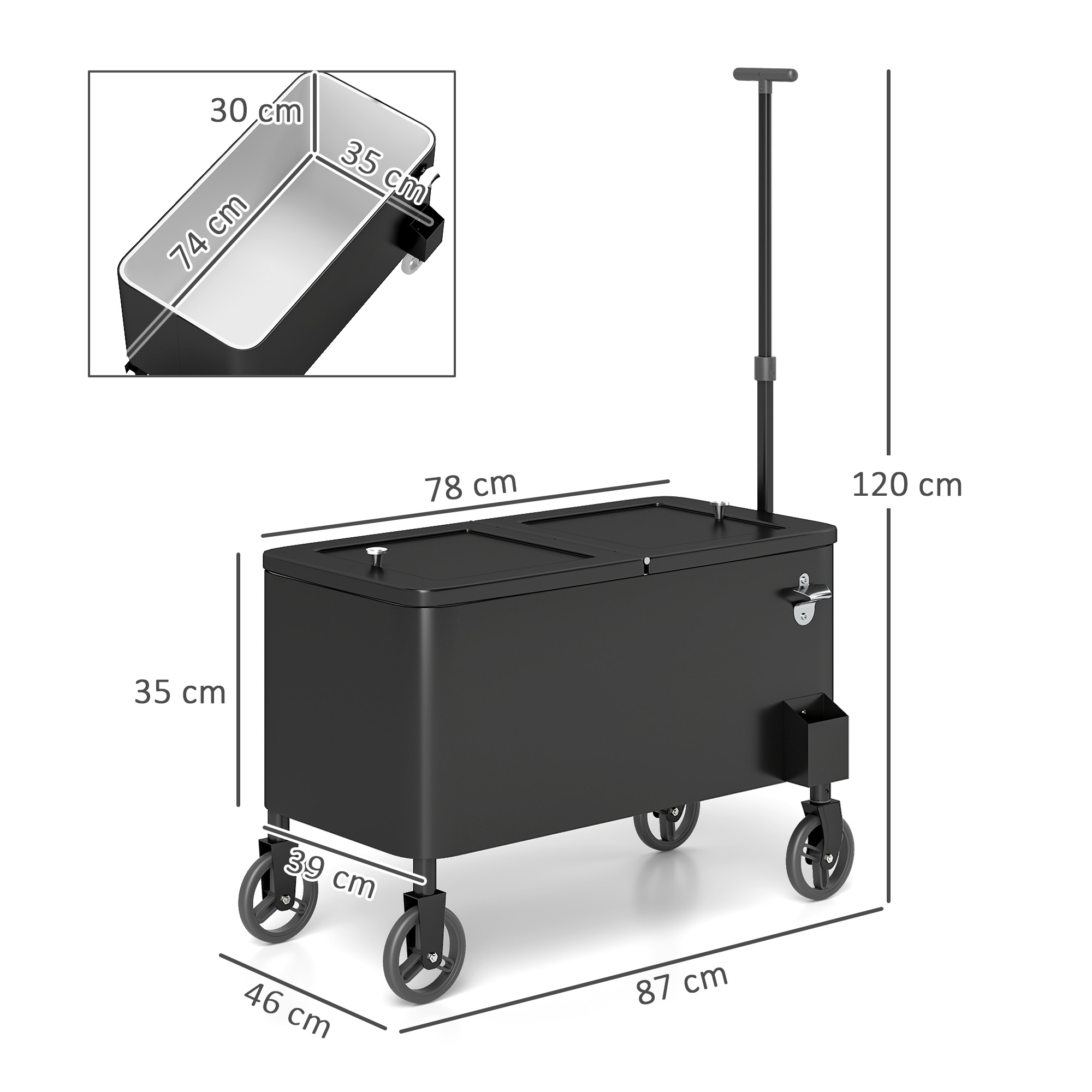 76L Koelwagen Serveerwagen met Wielen, Flessenopener, Deksel, Grepen, Verrijdbare Koelbox Zwart