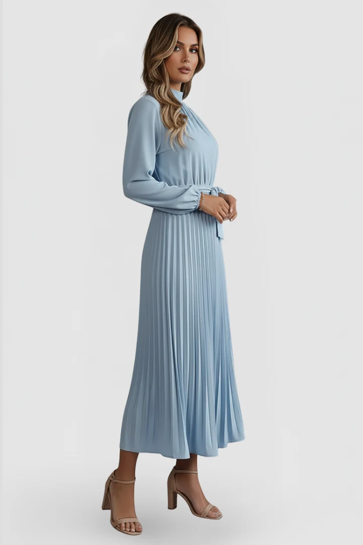 Plissee-Kleid f��r Damen mit Langarm und Bindeg��rtel | Elegantes Midikleid hochgeschlossen mit gerafftem Ausschnitt