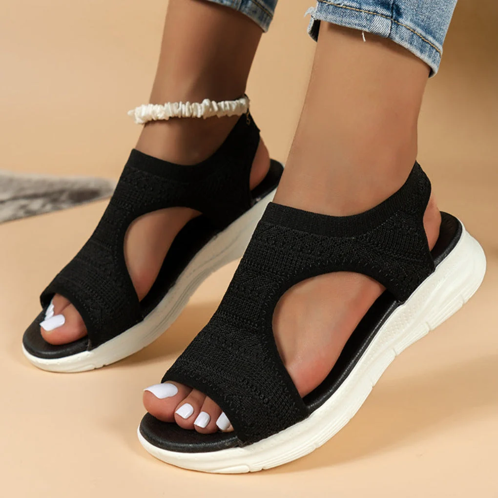 Damen Sandalen mit orthop?discher D?mpfung | Bequeme Slip-on Sommerschuhe mit atmungsaktivem Strick-Obermaterial & leichter Sohle