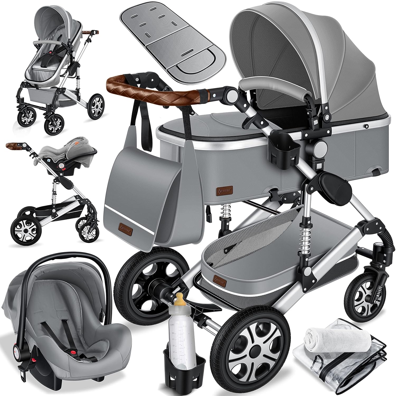 KESSER® Loops 3 in 1 Kinderwagen Kombikinderwagen Komplett-Set inkl. Babywanne & Buggy Sportsitz & Auto-Babyschale Voll-Gummireifen Wickeltasche Regenschutz Kindertisch ECE R129, Schwarz/Champagne