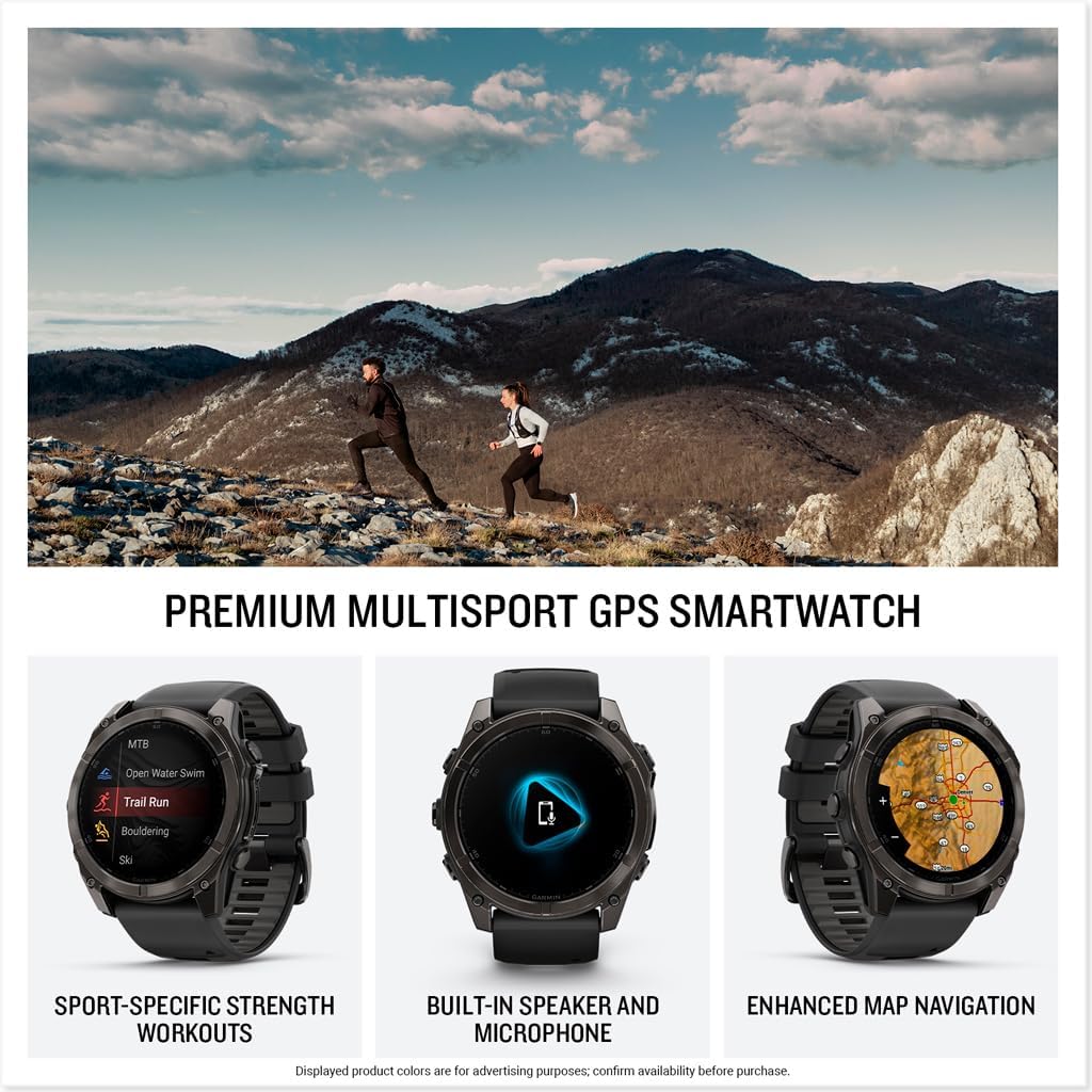 fēnix® 8-51 mm AMOLED Saphir Premium Multisport GPS Smartwatch, langlebige Akkulaufzeit, Tauchbewertet, integrierte LED-Taschenlampe, Carbon Gray DLC Titanium mit Pebble Gray Band