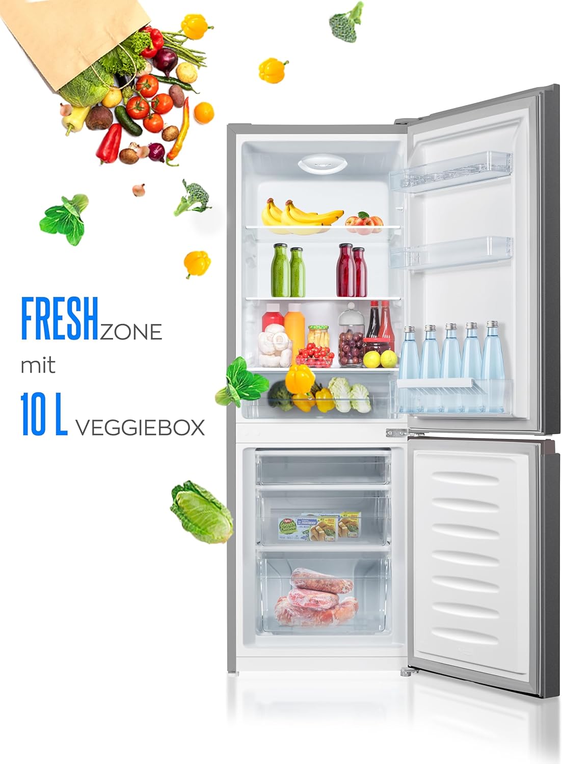 Heinrichs Fridge Freezer Combination 175 Litres, Cooling Volume 122 L, Freezer 53 L, LED Interior Lighting, Fridge Door Hinge, Changeable, Quiet 39 dB, Large Freezer Boxes, 7 Temperature Levels, inox