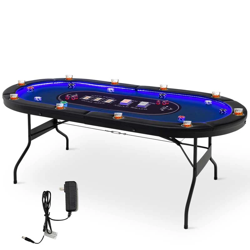 10 Players Folding Game Poker Table For Texas Card Games Casino Leisure Table With Cup Holder 4 Usb Ports Extra Lights