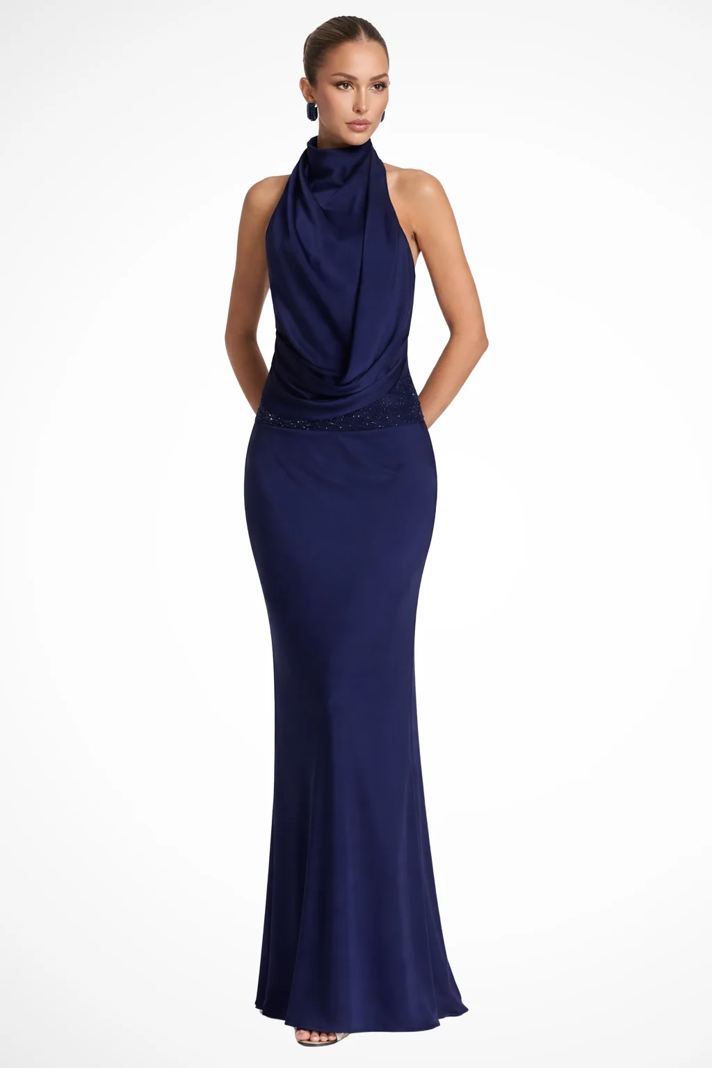 Halterneck Maxikleid aus Satin f��r Damen | Elegantes Abendkleid mit R��ckenausschnitt und Drapierung f��r Hochzeitsg?ste