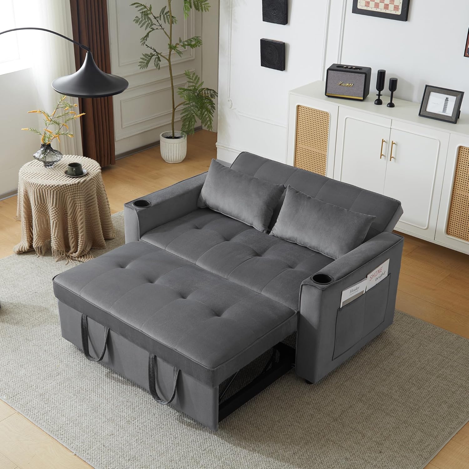 Merax Schlafsofa 2-Sitzer Sofa mit Schlaffunktion, Klappbares 3-in-1 Schlafcouch mit Verstellbarer Rückenlehne, Getränkehalter und Armlehnentaschen, aus Samt, Grau 137 x 76.5 x 83 cm