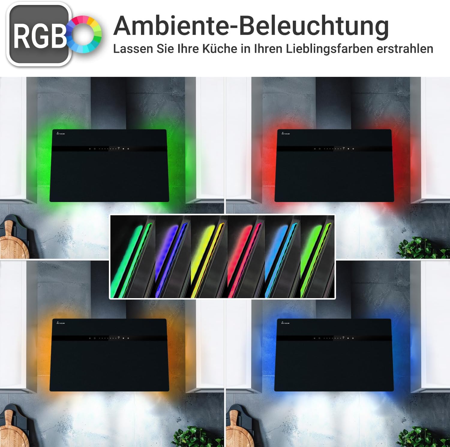 KKT KOLBE A+++ Dunstabzugshaube 80 cm 782 cbm/h Kopffreie Wandhaube Edelstahl schwarzes Glas WLAN RGBW-LED-Beleuchtung SensorTouch Bedienung STYLE8005SMAO