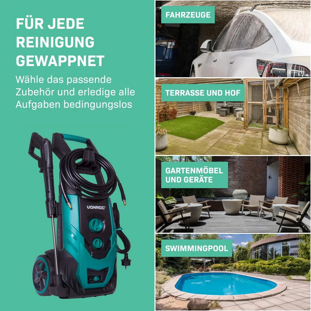 VONROC Professionele hogedrukreiniger 195bar - Gevelreiniger voor zware reinigingswerkzaamheden [2500W] - Hoge wateropbrengst [468 l/u] Reinigingstank, Aluminium Pomp - incl. Terrasreiniger