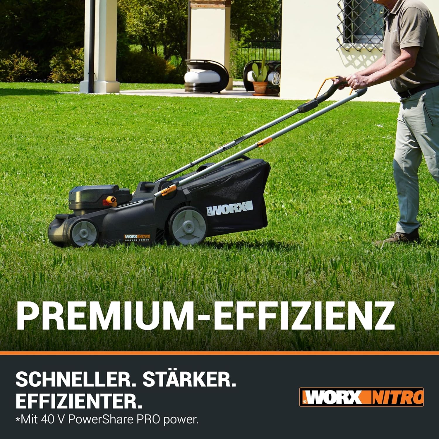 WORX WG737E Nitro Akku-Rasenmäher 40V(2x20V) - leistungsstarke bürstenloser Motor - 37cm Schnittbreite - 6 Schnitthöhenstufe (20-70mm) - 40L Grasfangsack - inkl. 2x4Ah Akkus  und  Dual-Ladengerät
