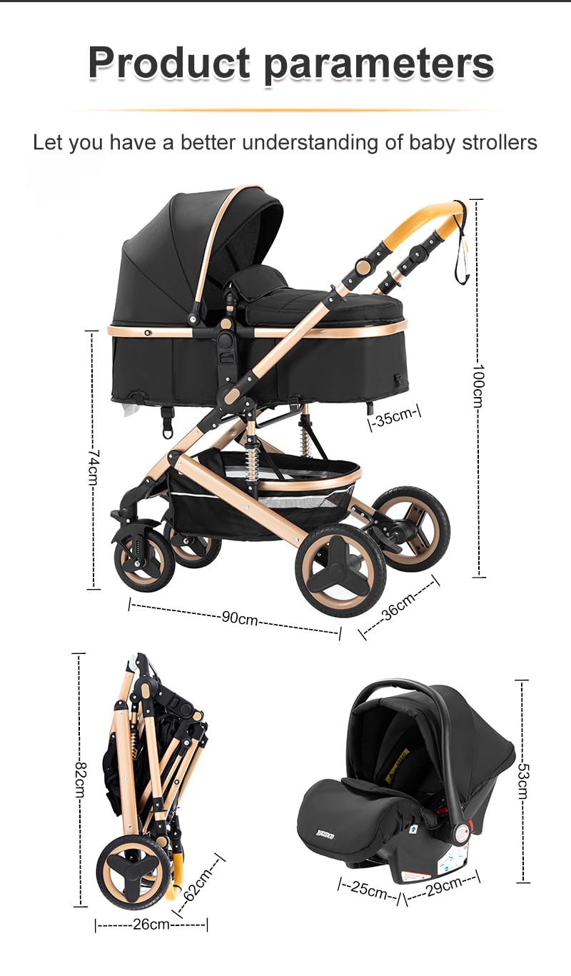 YAZOCO kinderwagen 3 in 1 Buggy Babybett Komplett Set Einem Klick Zusammenklappbarer Kinderwagen, KombiKinderwagen Aluminiumrahmen für Neugeborene (Schwarz)