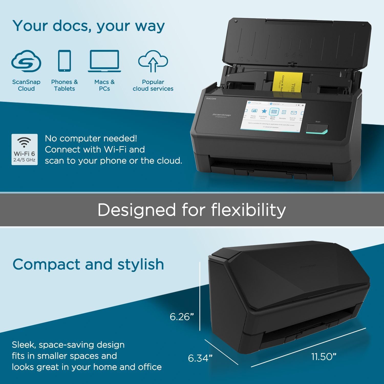 ScanSnap iX2500 Schwarz – Ultraschneller Duplex-Scanner mit 45 S./Min., 100-Blatt-ADF, 600DPI, 5″ Touchscreen, WLAN/Bluetooth/USB-Konnektivität