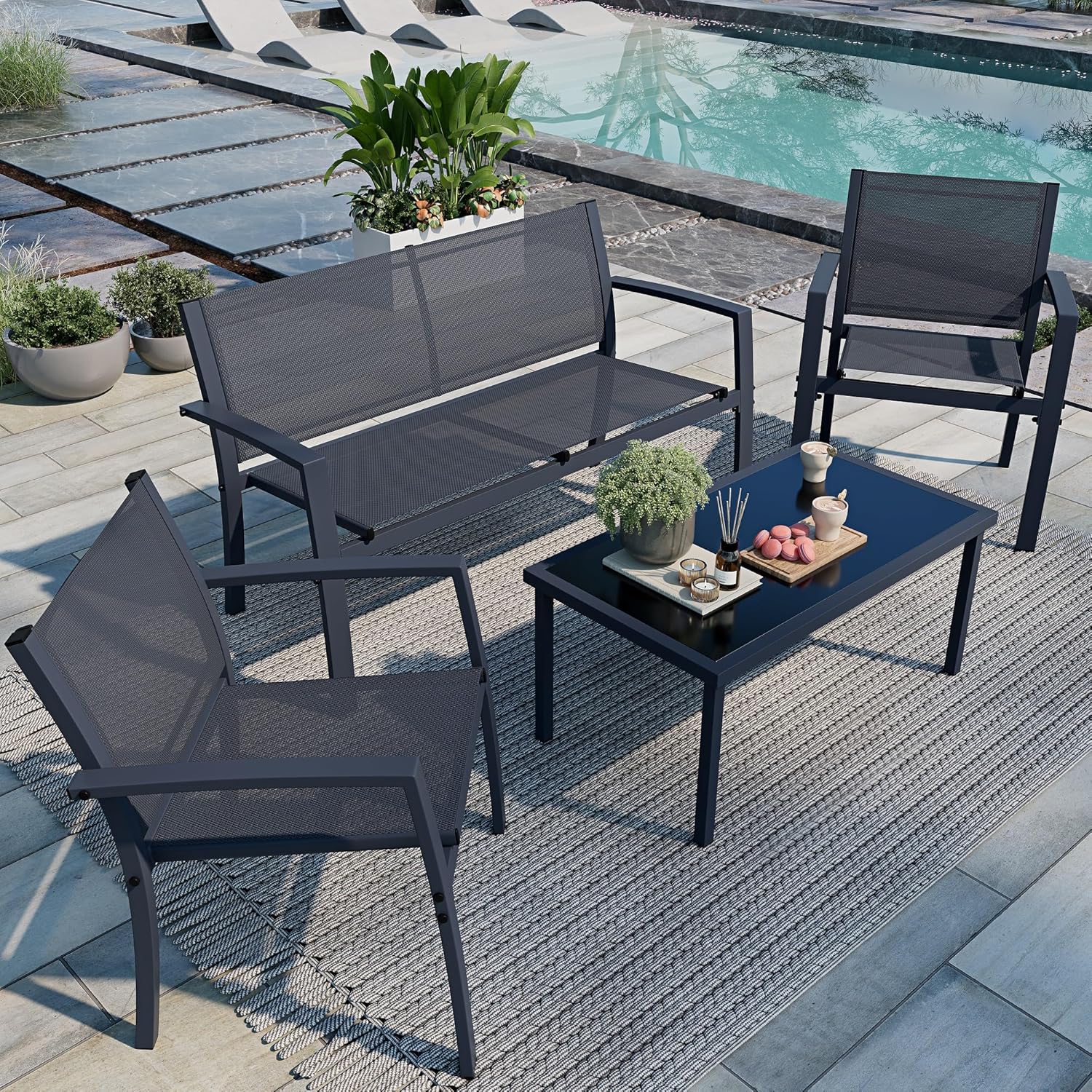 Shintenchi 4 Pieces Patio Furniture Set All Weather Textile Fabric Outdoor Conversation Set, with Glass Coffee Table, Loveseat, 2 Single Chairs for Home, Garden, Lawn, Porch��Gray��
