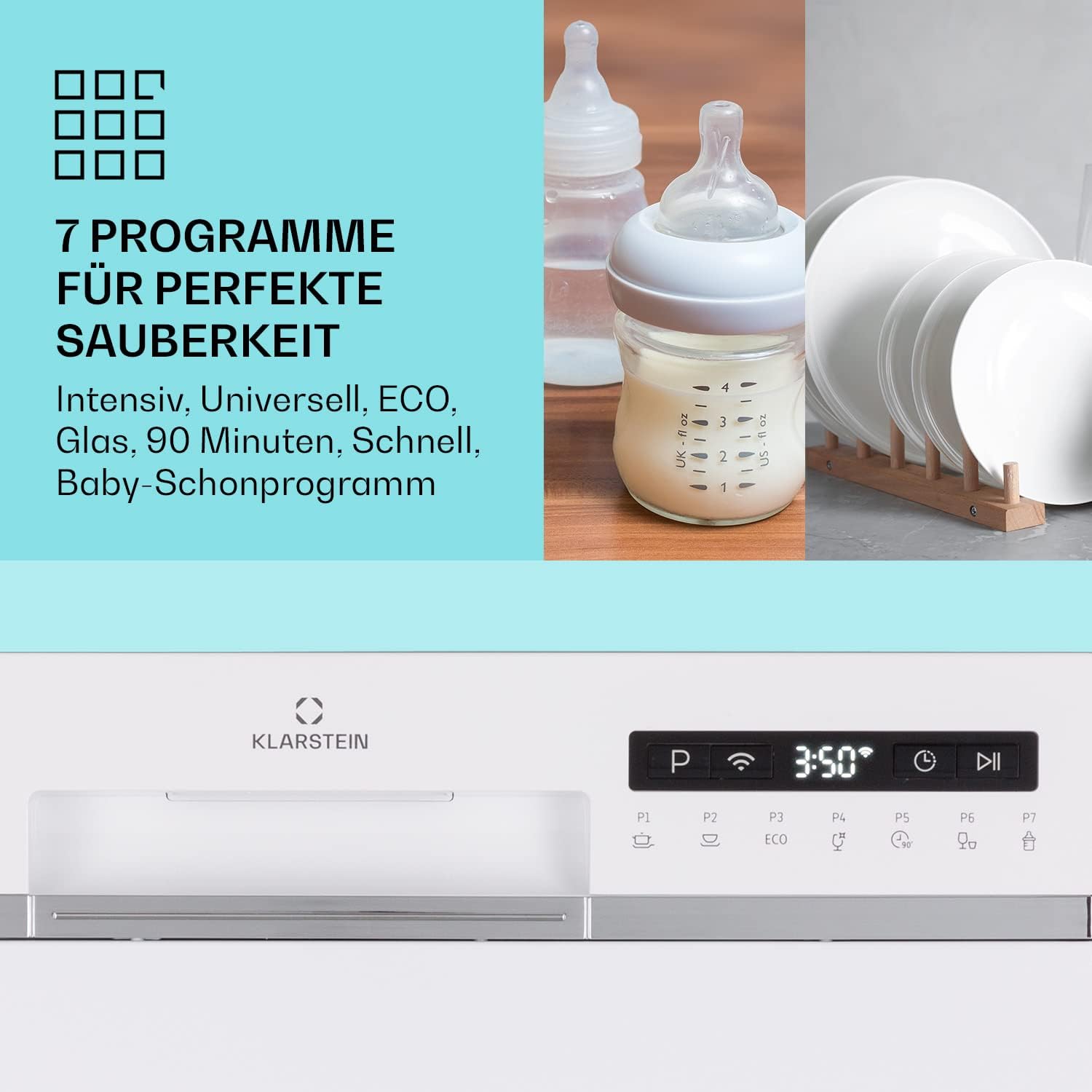 Klarstein  ia 8 - Spülmaschine, Geschirrspüler, Freistehend, Teilintegriert, F, 55 cm breit, 8 Maßgedecke, 6 Programme, Aquastop, silber