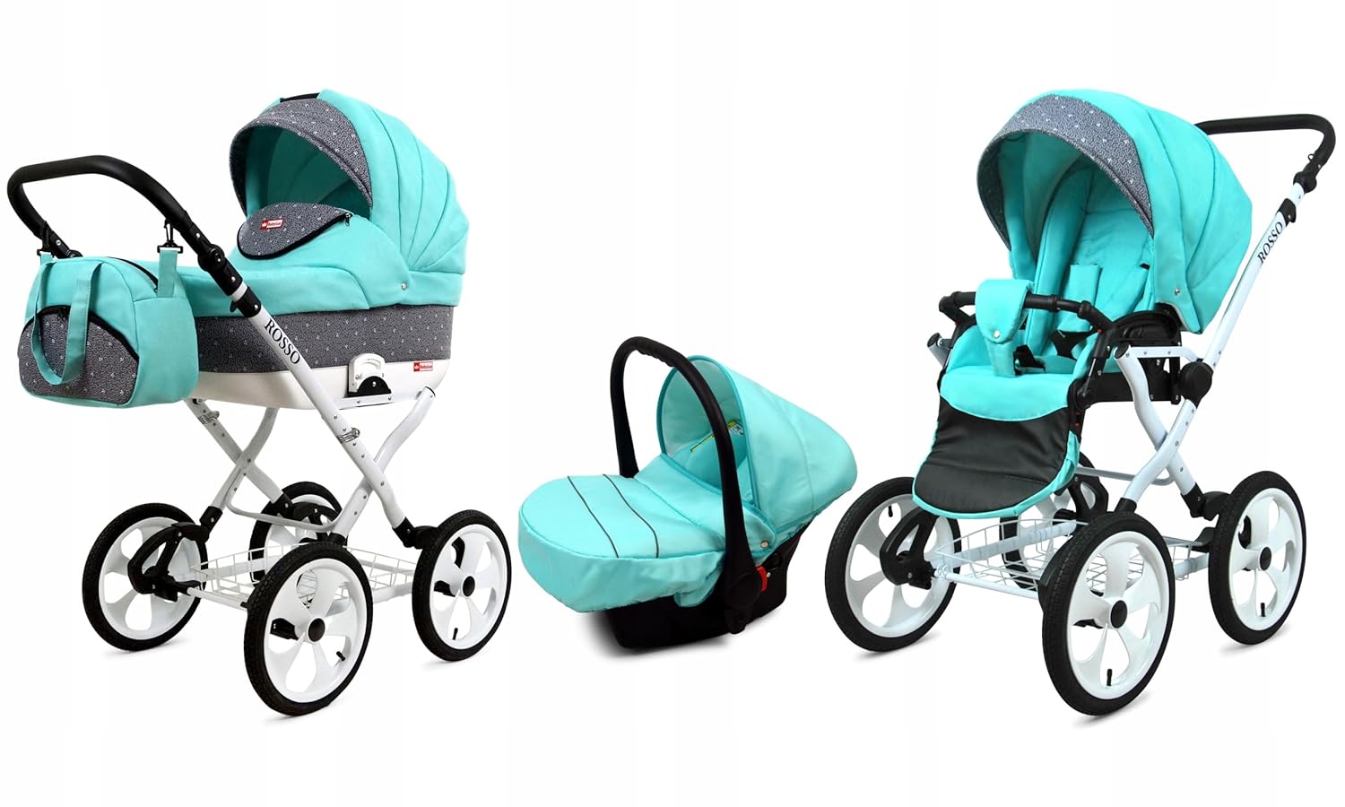 BabyLux® Bambimo Kinderwagen Set 2 in 1 - Rosso - incl. Babywanne, Buggy Sportsitz - Kinderwagenset - Kombikinderwagen mit Wickeltasche, Regenschutz, Moskitonetz, Cupholder usw.