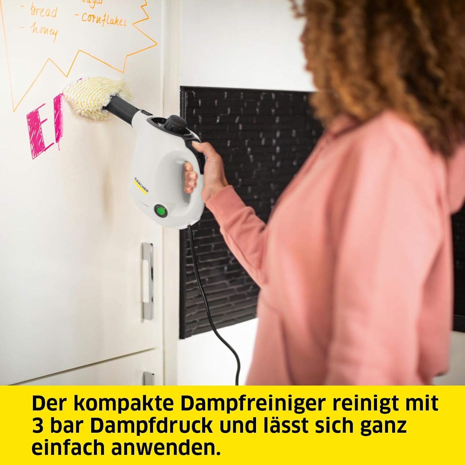 Krcher Dampfreiniger SC 1, Dampfdruck: 3 bar, Aufheizzeit: 3 min., Leistung: 1.200 W, Flchenleistung: 20 m, Tank: 200 ml, mit Hand-, Punktstrahl- und Powerdüse, Mikrofaser-berzug und Rundbürste
