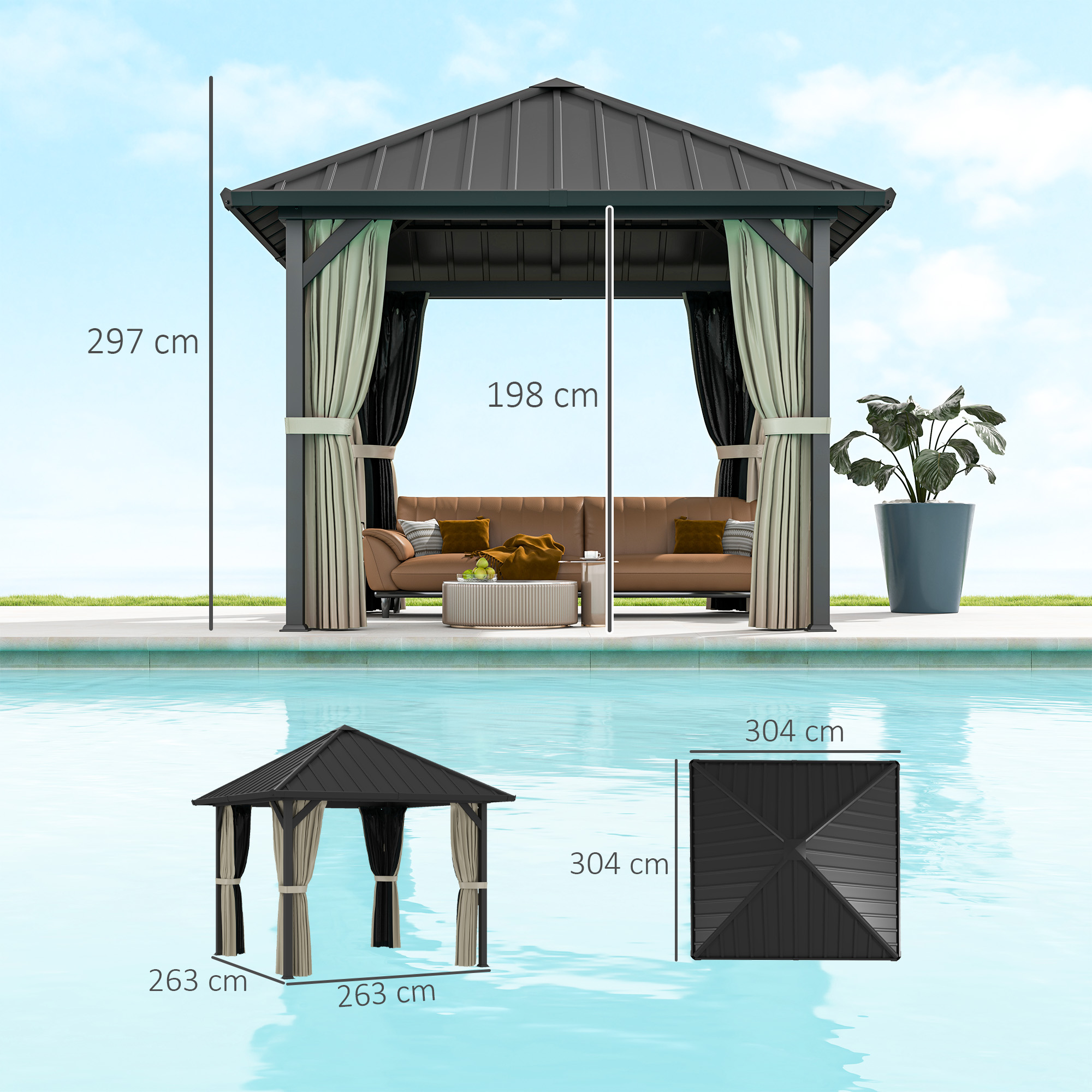 Outsunny 3 x 3m Harddak Paviljoen, Tuinpaviljoen met Metalen Dak, Waterbestendig Tuinzelt met Net en Zijwanden, Donkergrijs