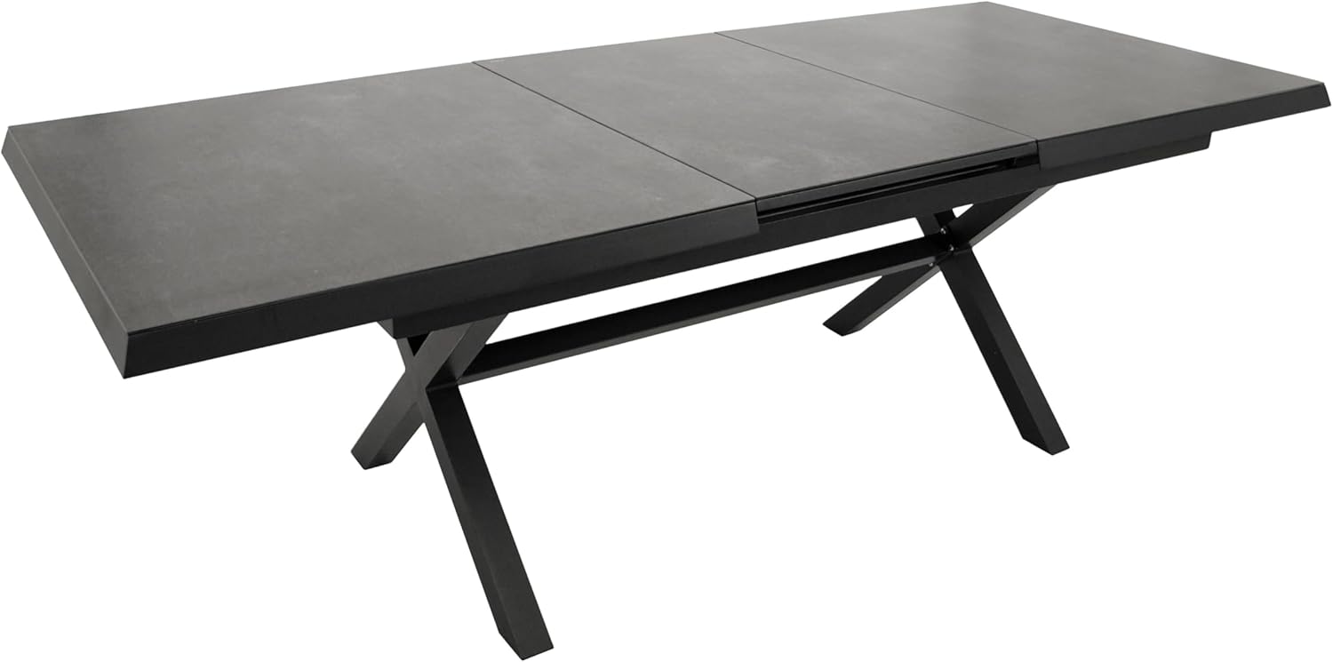 DEGAMO Gartentisch Ausziehtisch Almada XL, 180/240x100cm, Aluminium anthrazit + Glas in Keramikoptik hellgrau, Automatik-Auszug, Outdoor