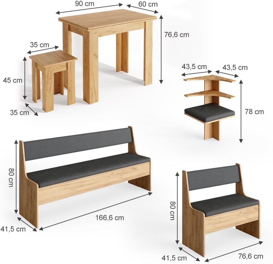 Vicco Eckbankgruppe Roman, Goldkraft Eiche, 210 x 120 cm mit Tisch