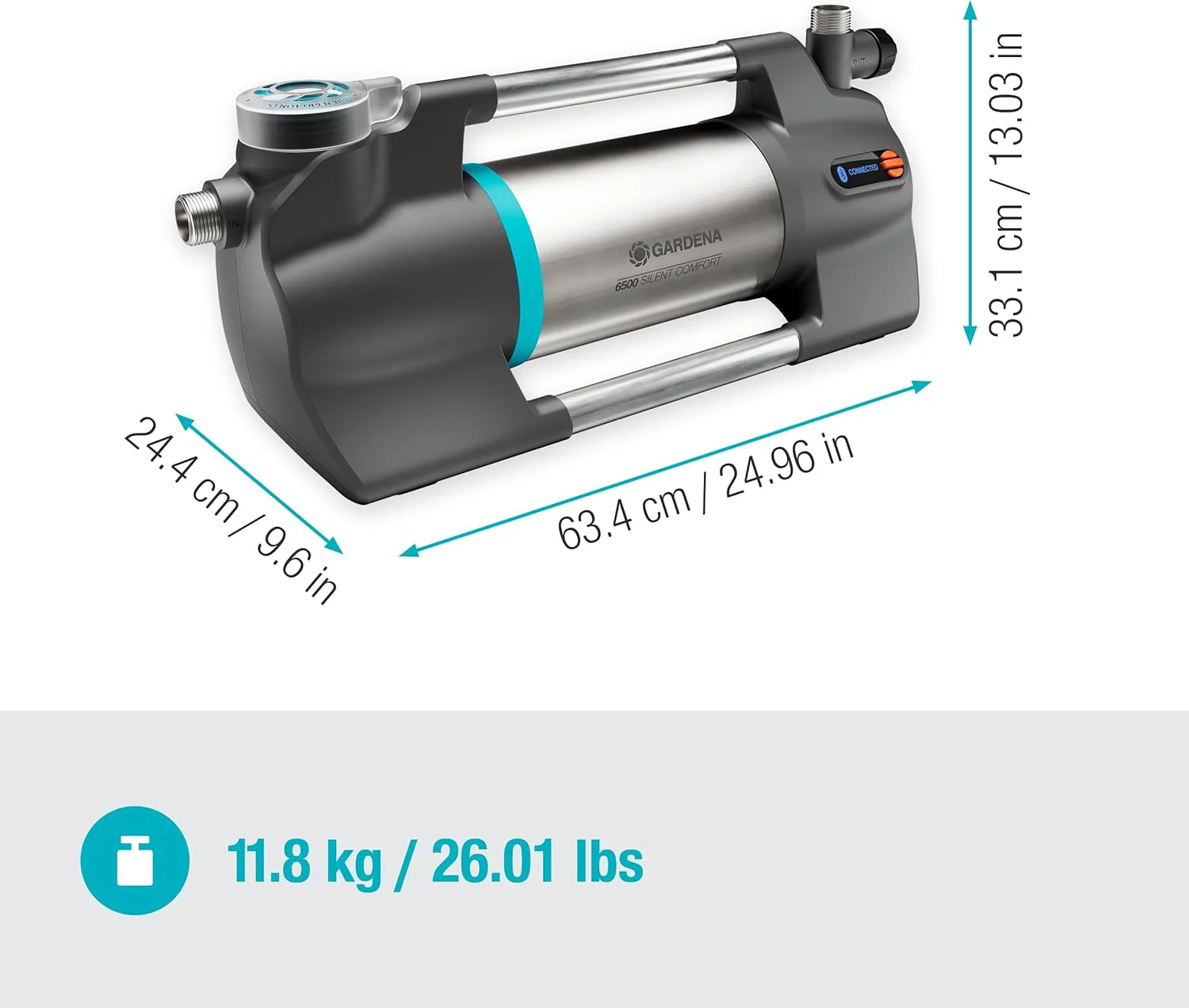 Gardena Tuinpomp 6500 SilentComfort: Extra stille besproeiingspomp via app te bedienen, opbrengst 6500 l/u, droogloopbeveiliging, roestvrij staal, energiezuinig en waterbestendig (9059-20)