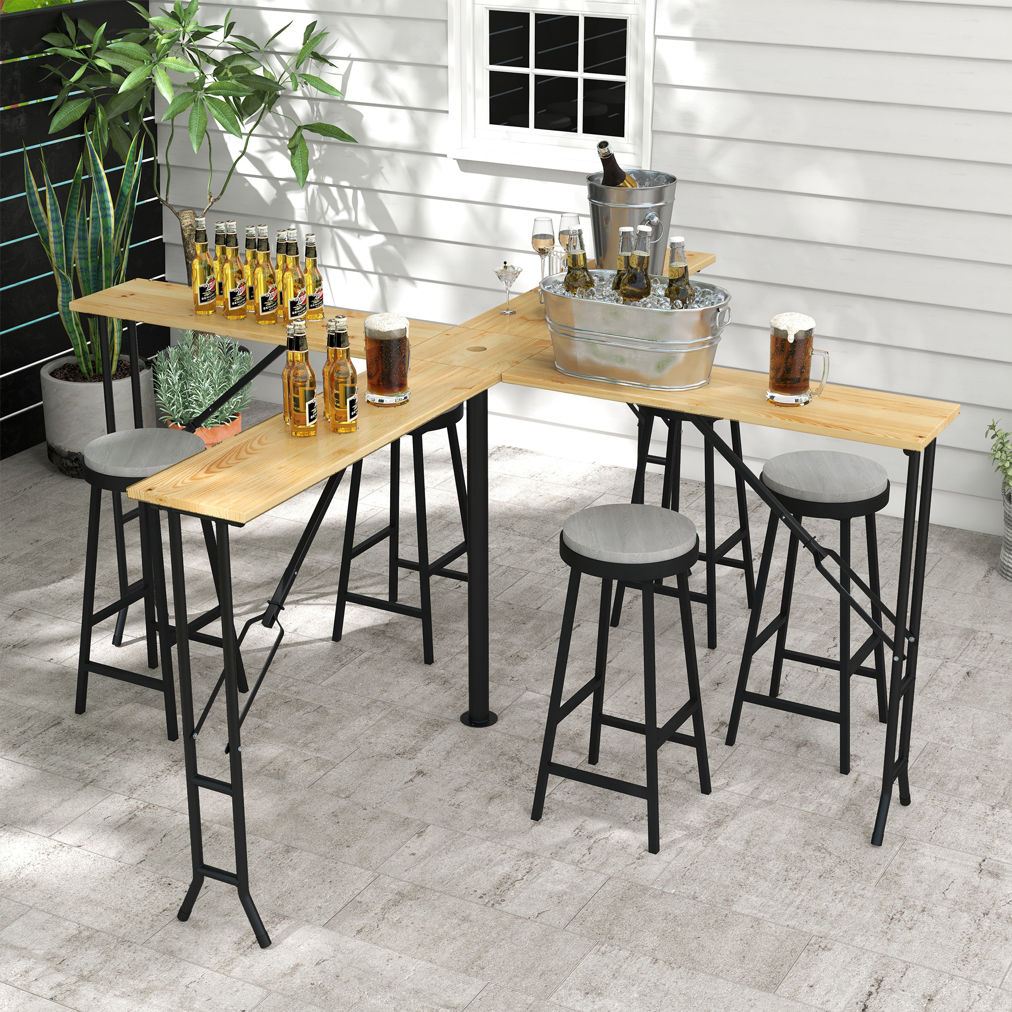 Picknicktafel, Opvouwbare Buitentafel, voor 20 Personen, Weerbestendig, Metaal, Grenenhout, 2,4x2,4x1m, Natuur/Zwart