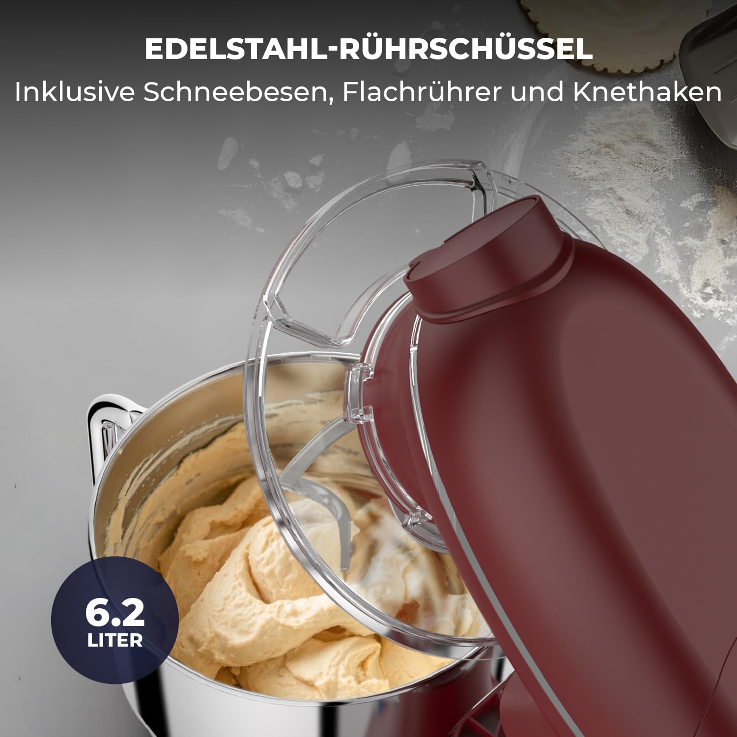 Fentic 6-in-1 Küchenmaschine – 2000W – Mit Fleischwolf, 1,5L Entsafter, Gemüseschneider und Mehr – Knetmaschine mit 6,2L Rührschüssel, Rührhaken, Knethaken, Schlagbesen und Spritzschutz (Schwarz)