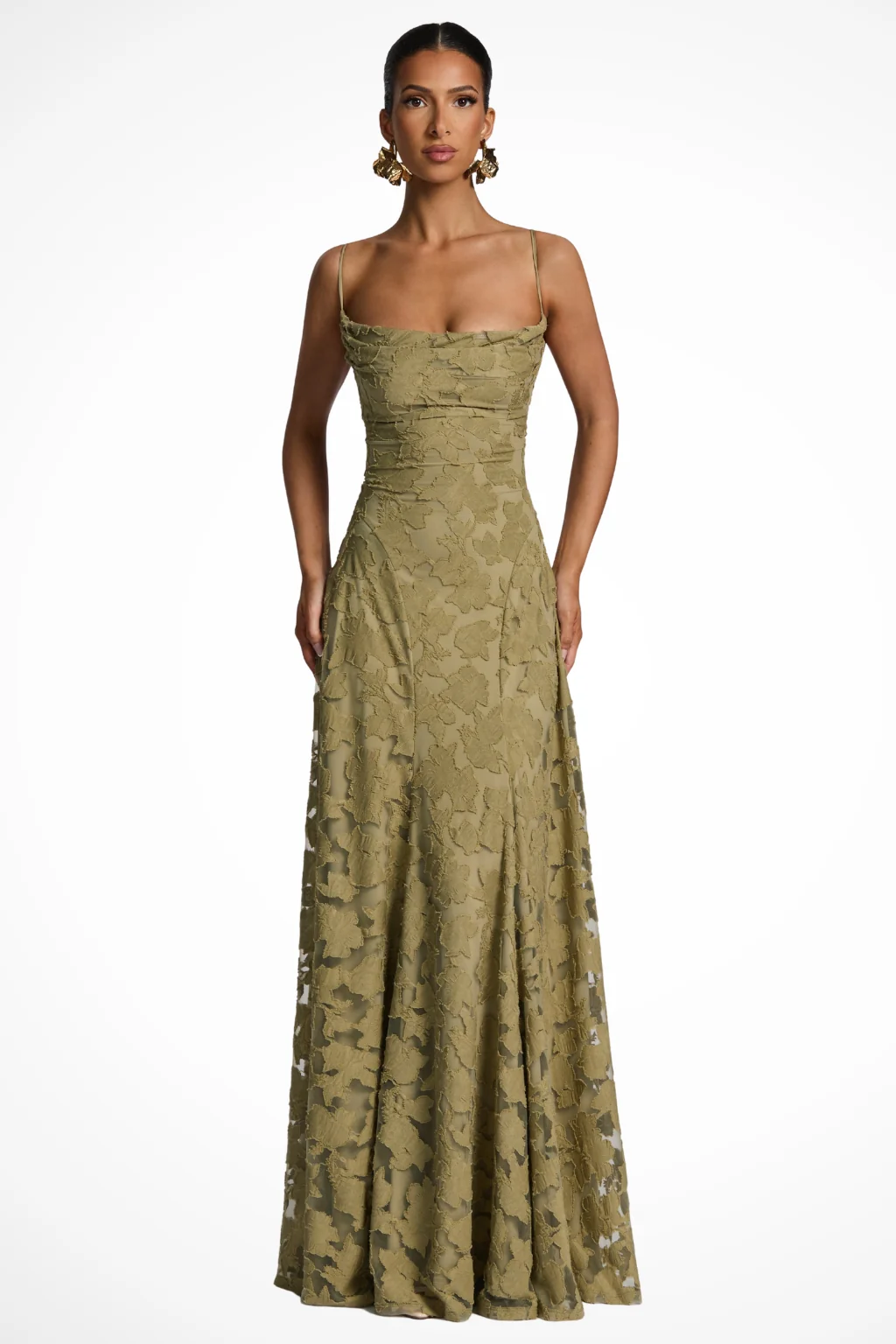 Maxikleid f��r Hochzeitsg?ste mit Wasserfallausschnitt und Blumenspitze | Festliches langes Abendkleid f��r Damen und feierliche