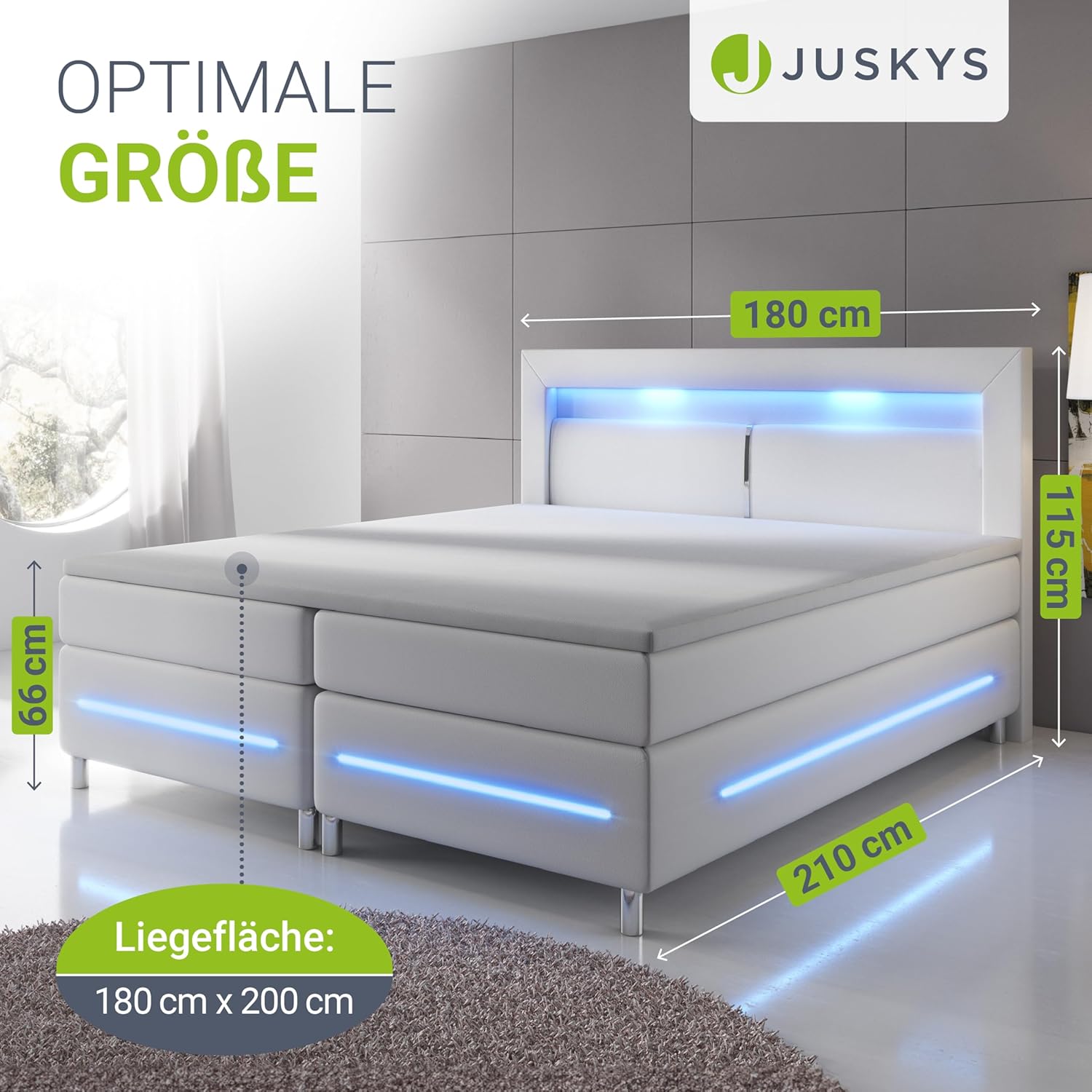 Juskys Boxspringbett Norfolk 180x200 cm - LED Beleuchtung, Bonell Matratze & Topper - 66 cm Komforthöhe - weiß - Bett Doppelbett Polsterbett